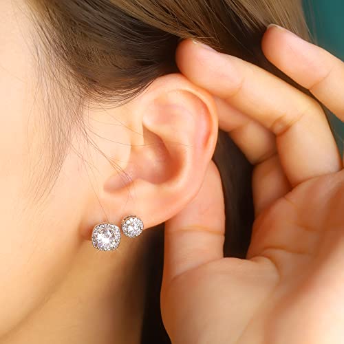 ALEXCRAFT Sterling Silver Stud Earrings for Women and Girls Cubic Zirconia Halo Round Heart Square Diamond Large Silver