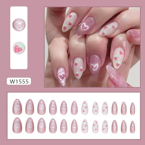 Medium Almond Glitter False Nails for Women - Strawberry Heart Designs - Full Cover Stick on Acrylic Artificial Nails -